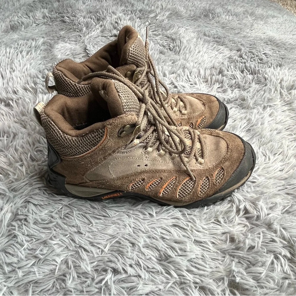 Merrell Boots Mens Size 7.5 Hiking Brown Yokota Pulse Shoes Suede Mesh Brown Mid